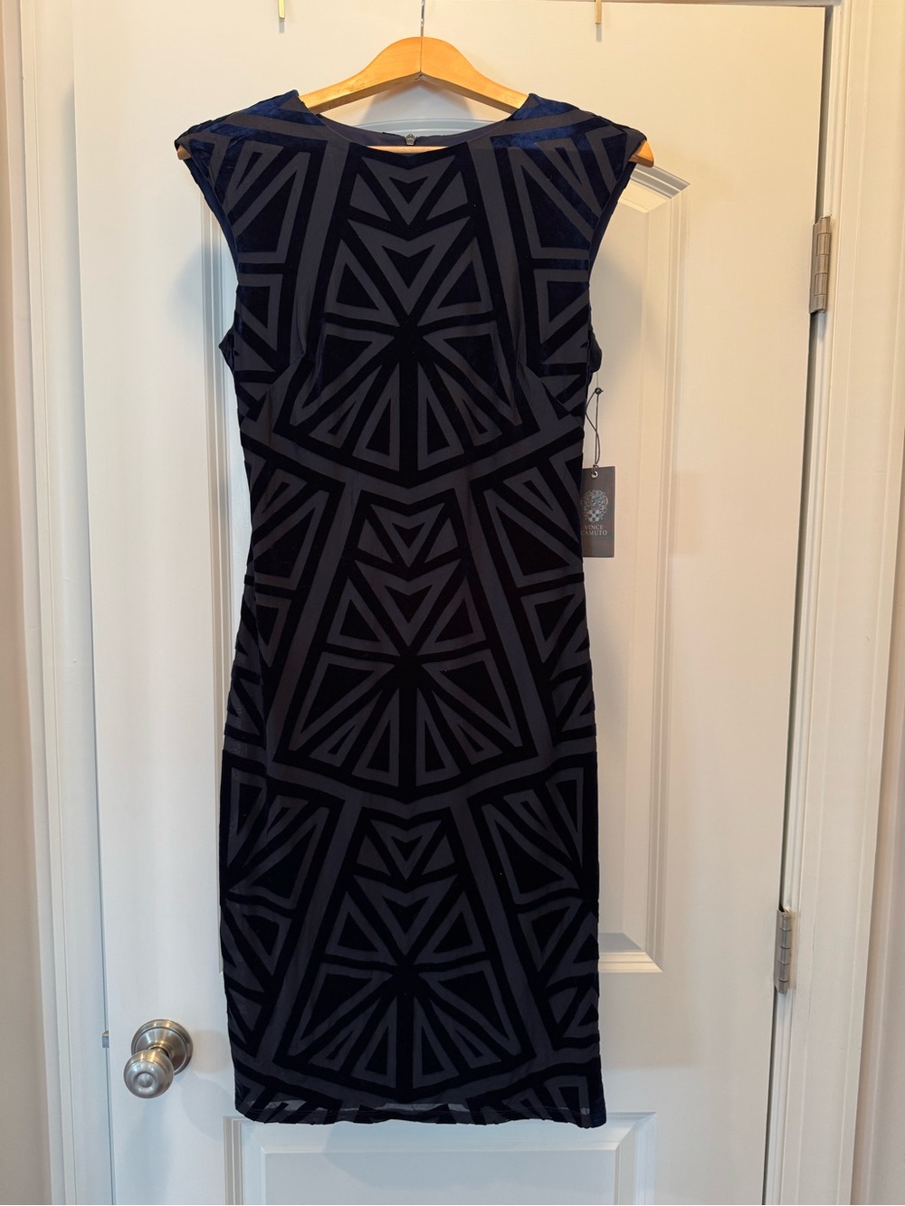 Vince Camuto Black & Navy Geometric Midi Sheath Dress